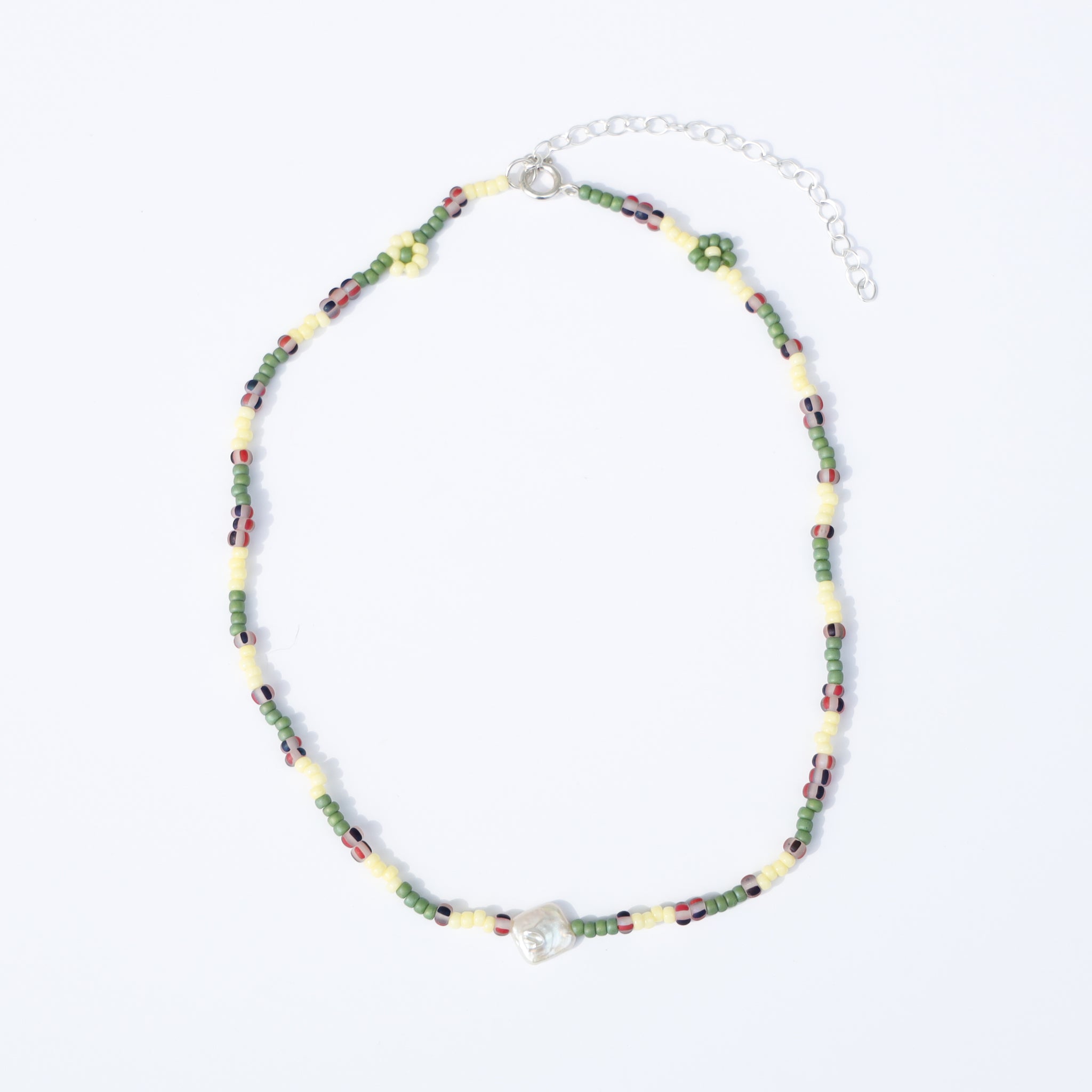 Mustard Green Flowers Hand-Beaded Necklace