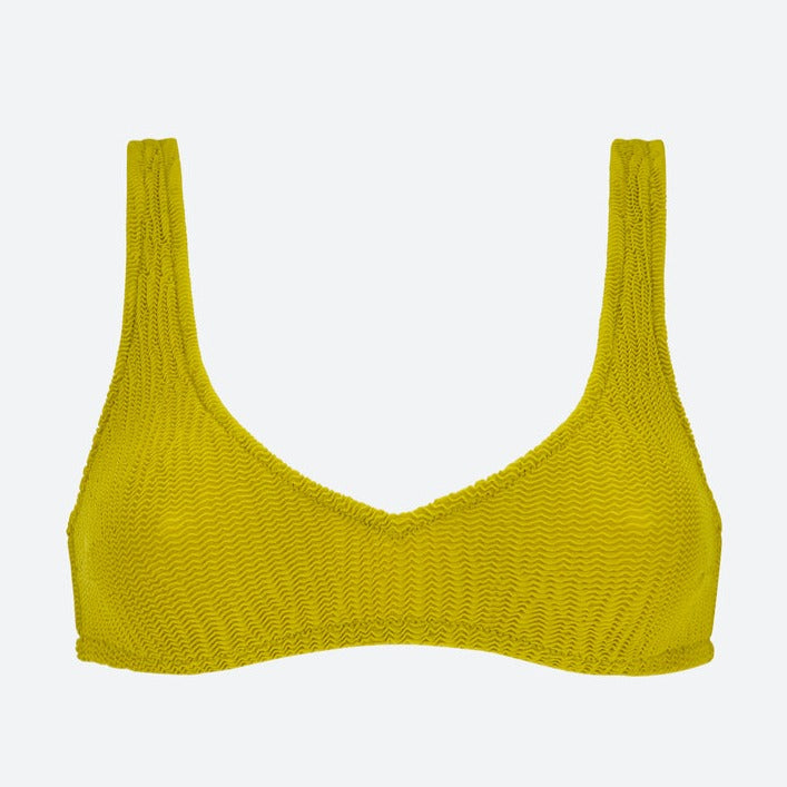 chartreuse lime olive green crinkle bikini swimsuit with a sporty bra style 