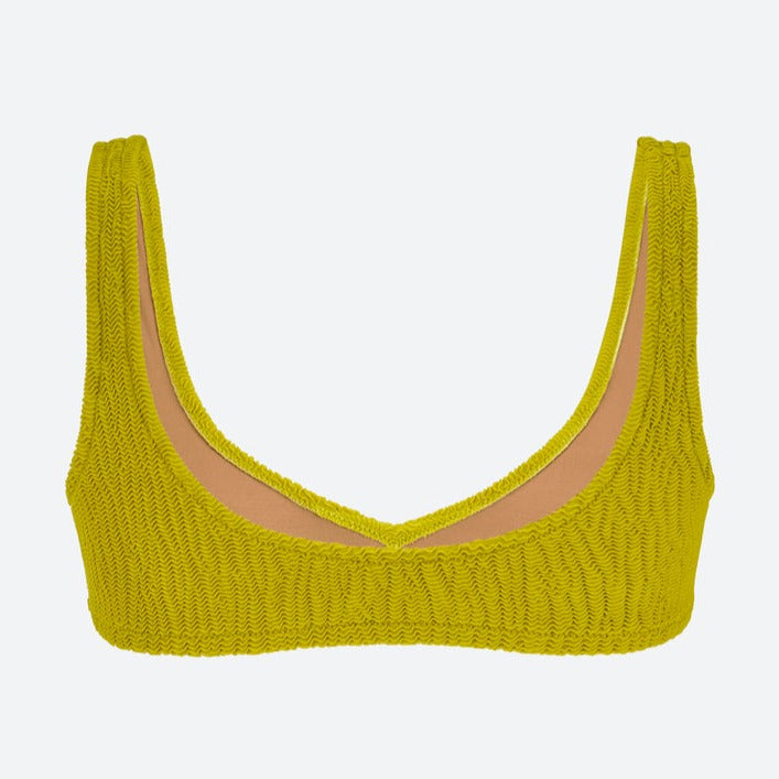 chartreuse lime olive green crinkle bikini swimsuit with a sporty bra style 
